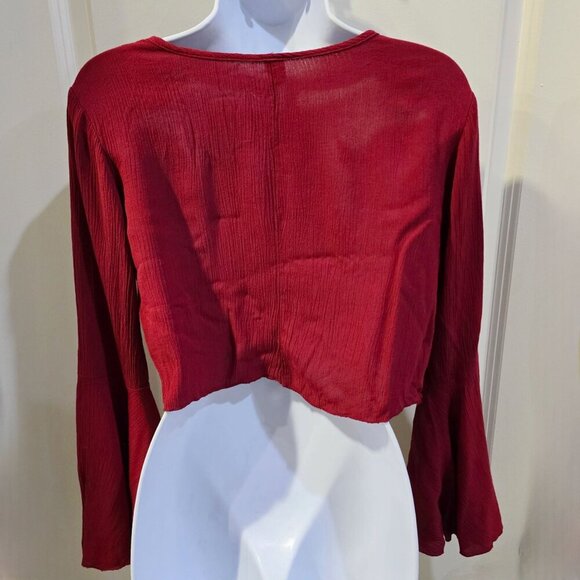 Red Flare Sleeve Crop Top ✦ Windsor Tie-Front Textured Boho Style ✦ Made in USA - Picture 8 of 13
